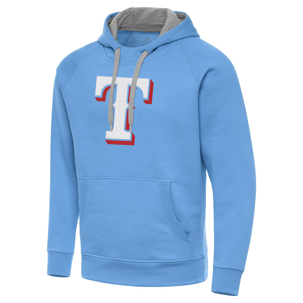 MLB Texas Rangers Antigua Full Front Victory Pullover Hoodie - Light Blue