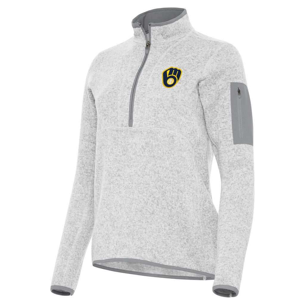 MLB Milwaukee Brewers Women's Antigua Fortune 1/2 Zip Pullover Jacket - Light gray
