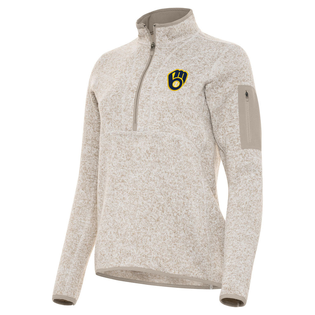MLB Milwaukee Brewers Women's Antigua Fortune 1/2 Zip Pullover Jacket - Stone