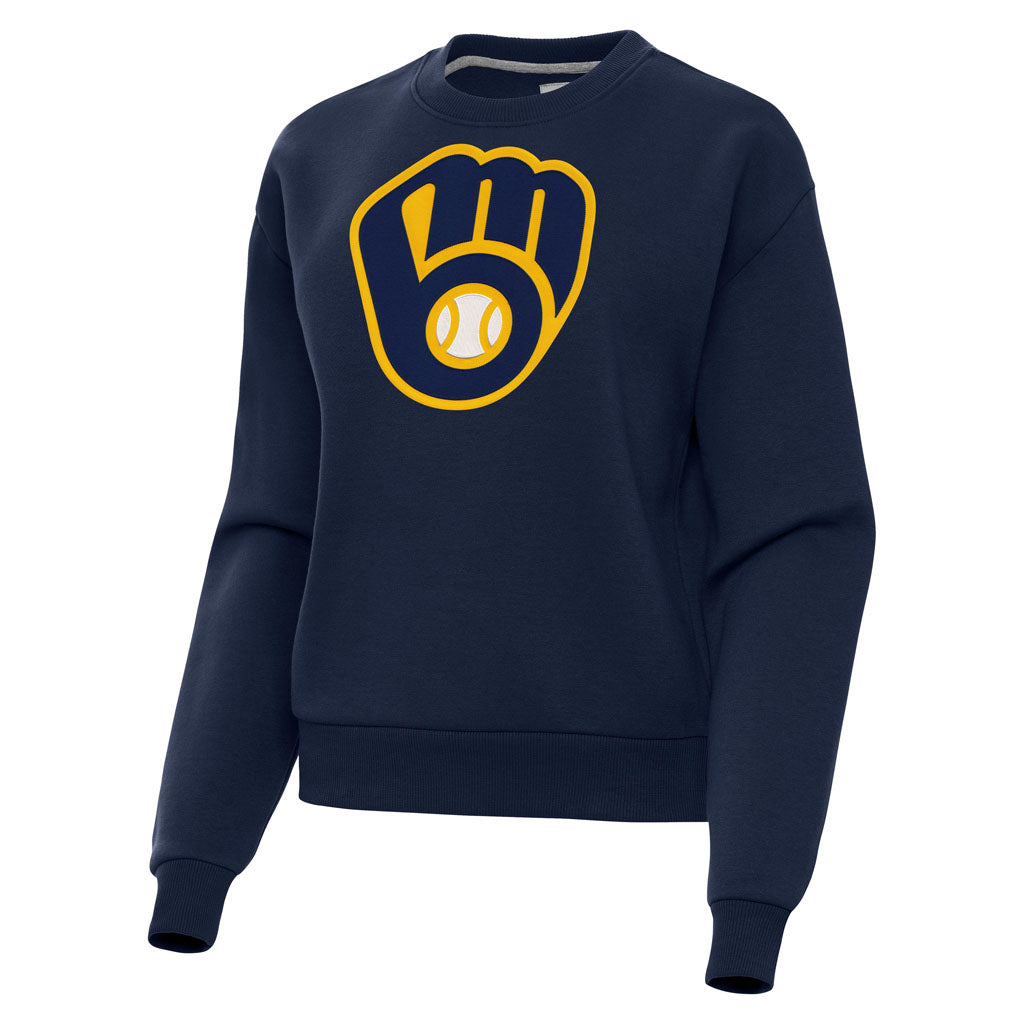 MLB Milwaukee Brewers Women's Antigua Full Front Cap Victory Crewneck Sweater - Navy