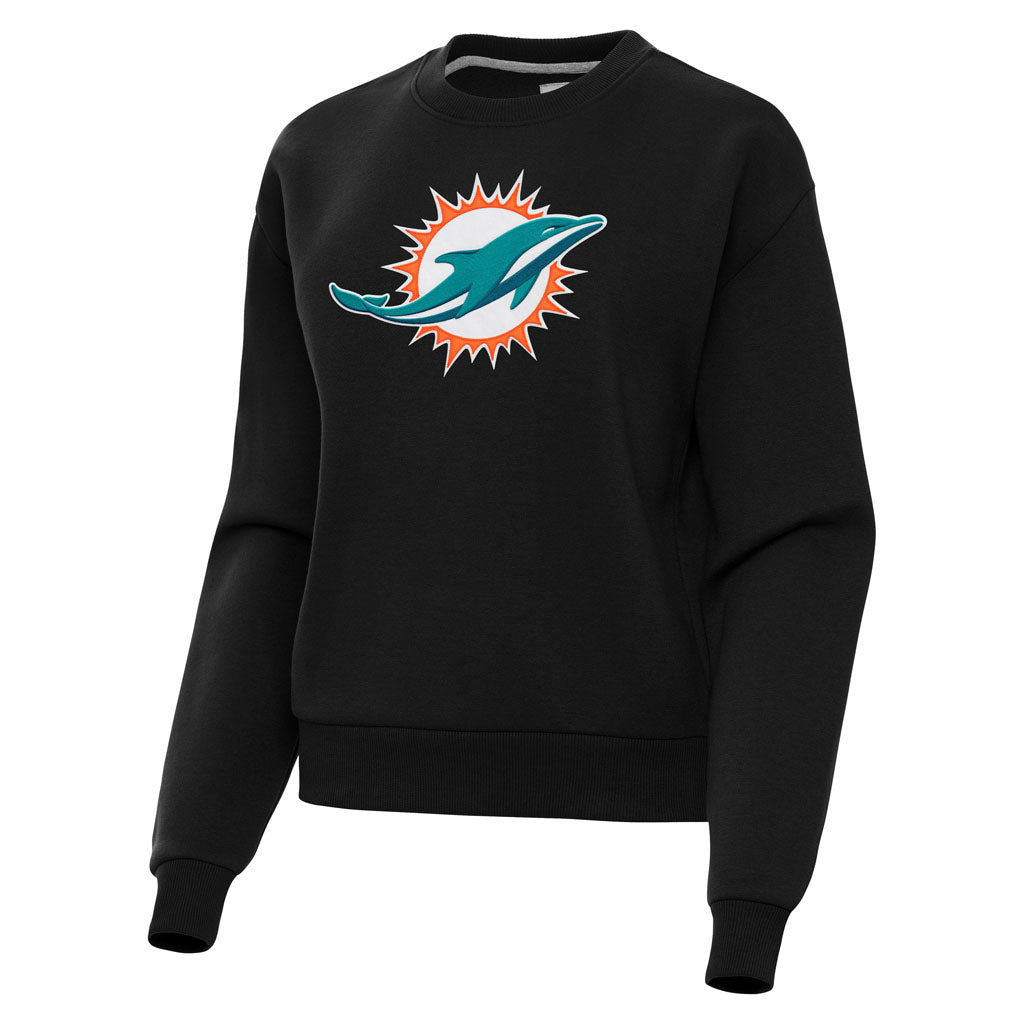 NFL Miami Dolphins Women's Antigua Full Front Victory Crewneck Sweater - Black
