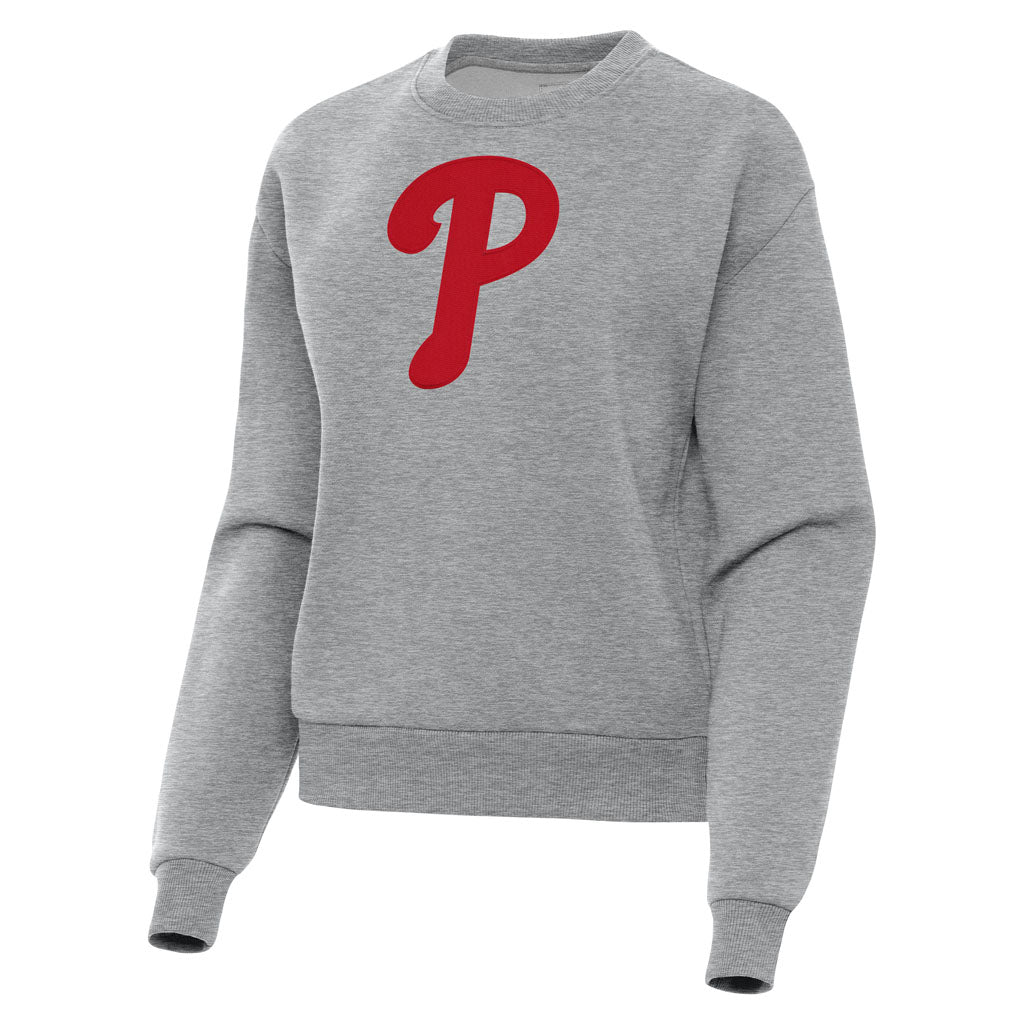 MLB Philadelphia Phillies Women's Antigua Full Front Victory Crewneck Sweater - Heather gray