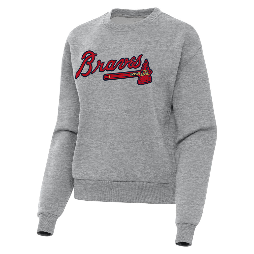 MLB Atlanta Braves Women's Antigua Full Front Victory Crewneck Sweater - Heather gray