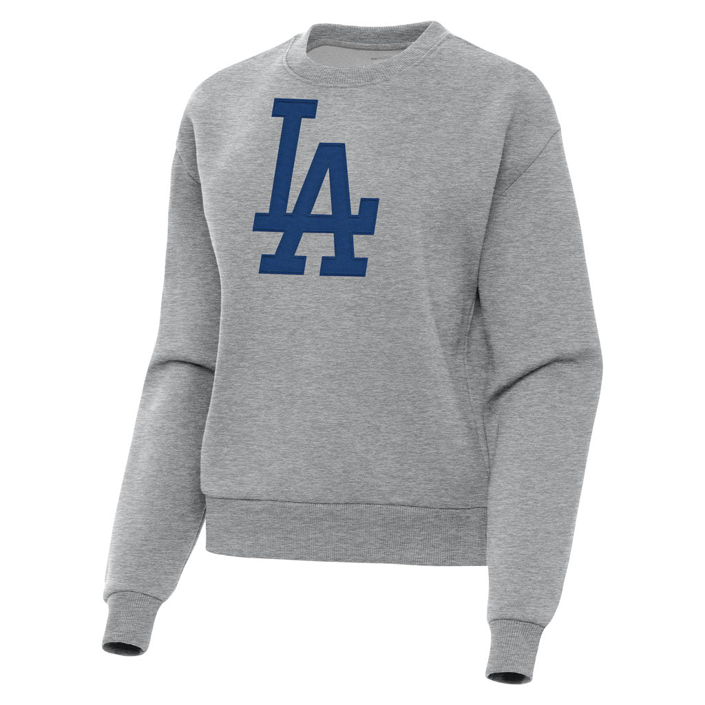 MLB Los Angeles Dodgers Women's Antigua Full Front Victory Crewneck Sweater - Heather gray