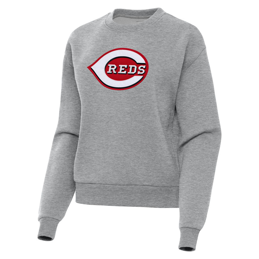 MLB Cincinnati Reds Women's Antigua Full Front Victory Crewneck Sweater - Heather gray