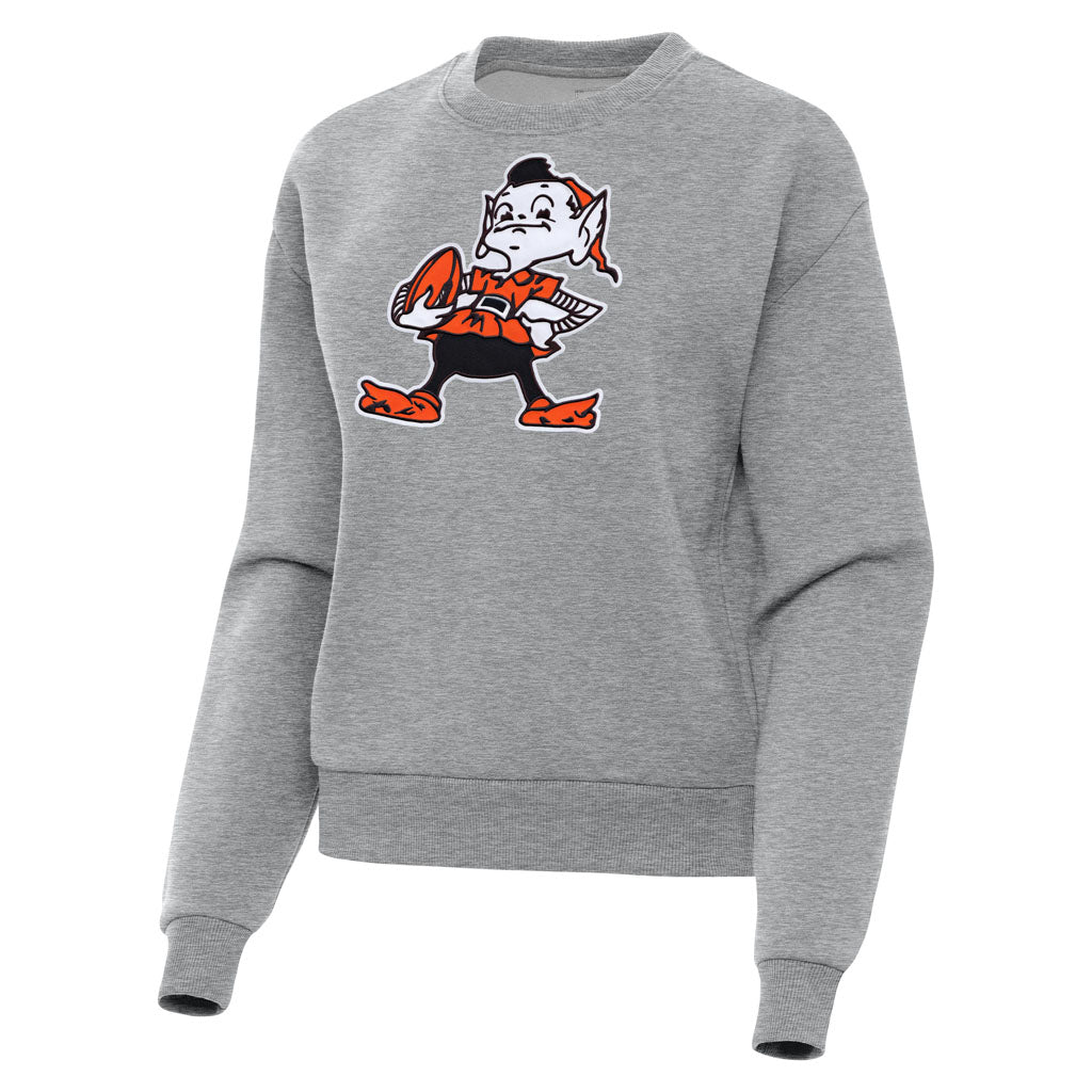 NFL Cleveland Browns Women's Antigua Full Front Throwback Victory Crewneck Sweater - Heather gray