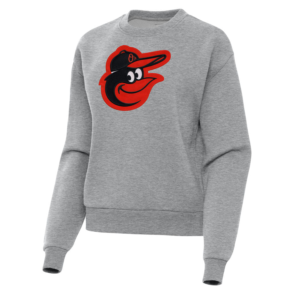 MLB Baltimore Orioles Women's Antigua Full Front Victory Crewneck Sweater - Heather gray