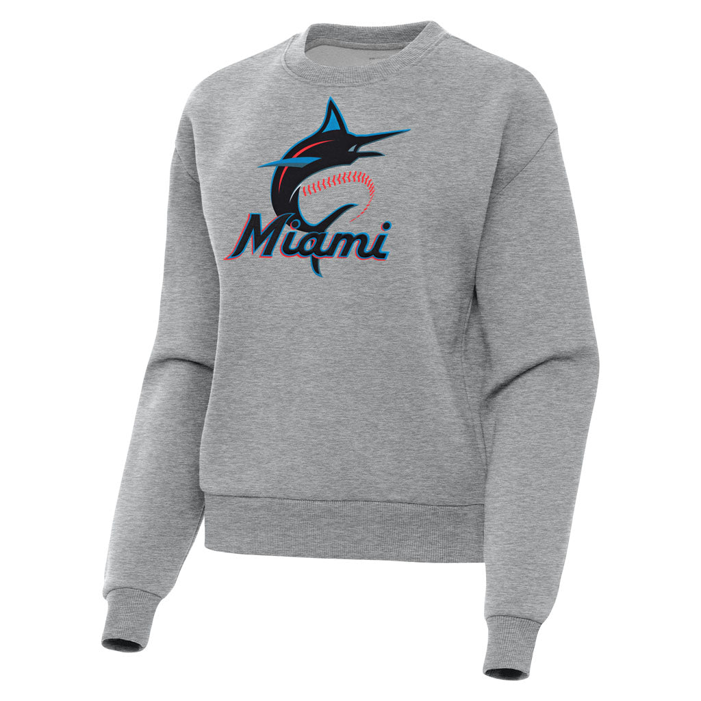 MLB Miami Marlins Women's Antigua Full Front Victory Crewneck Sweater - Heather gray