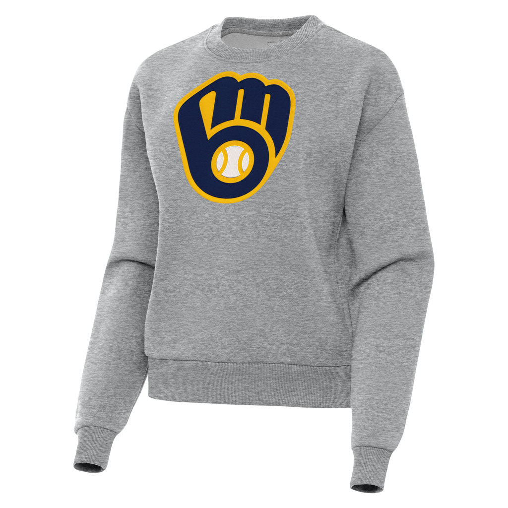 MLB Milwaukee Brewers Women's Antigua Full Front Cap Victory Crewneck Sweater - Heather gray