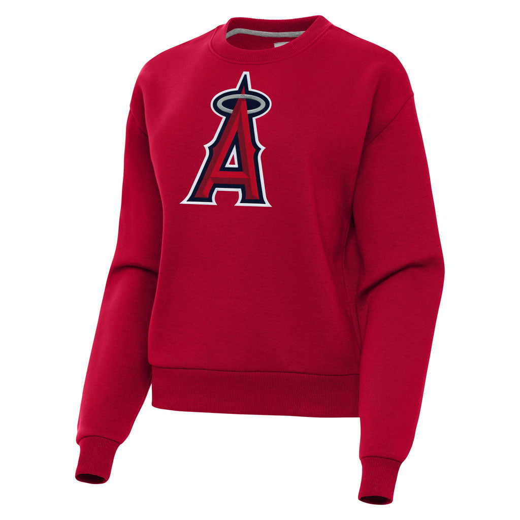 MLB Los Angeles Angels Women's Antigua Full Front Victory Crewneck Sweater - Red