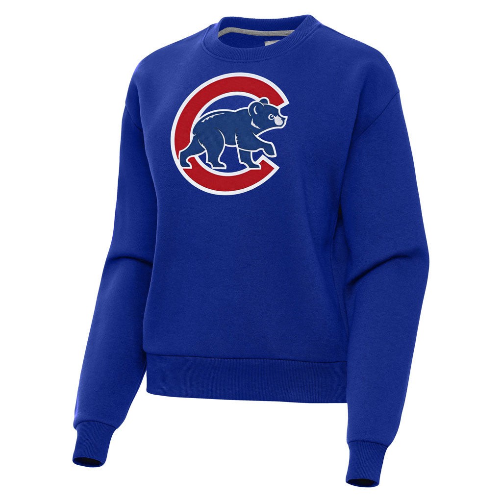 MLB Chicago Cubs Women's Antigua Full Front Walking Bear Victory Crewneck Sweater - Blue