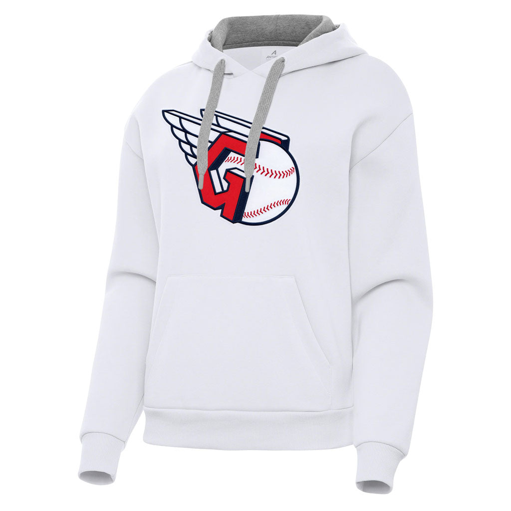 MLB Cleveland Guardians Women's Antigua Full Front Victory Pullover Hoodie - White
