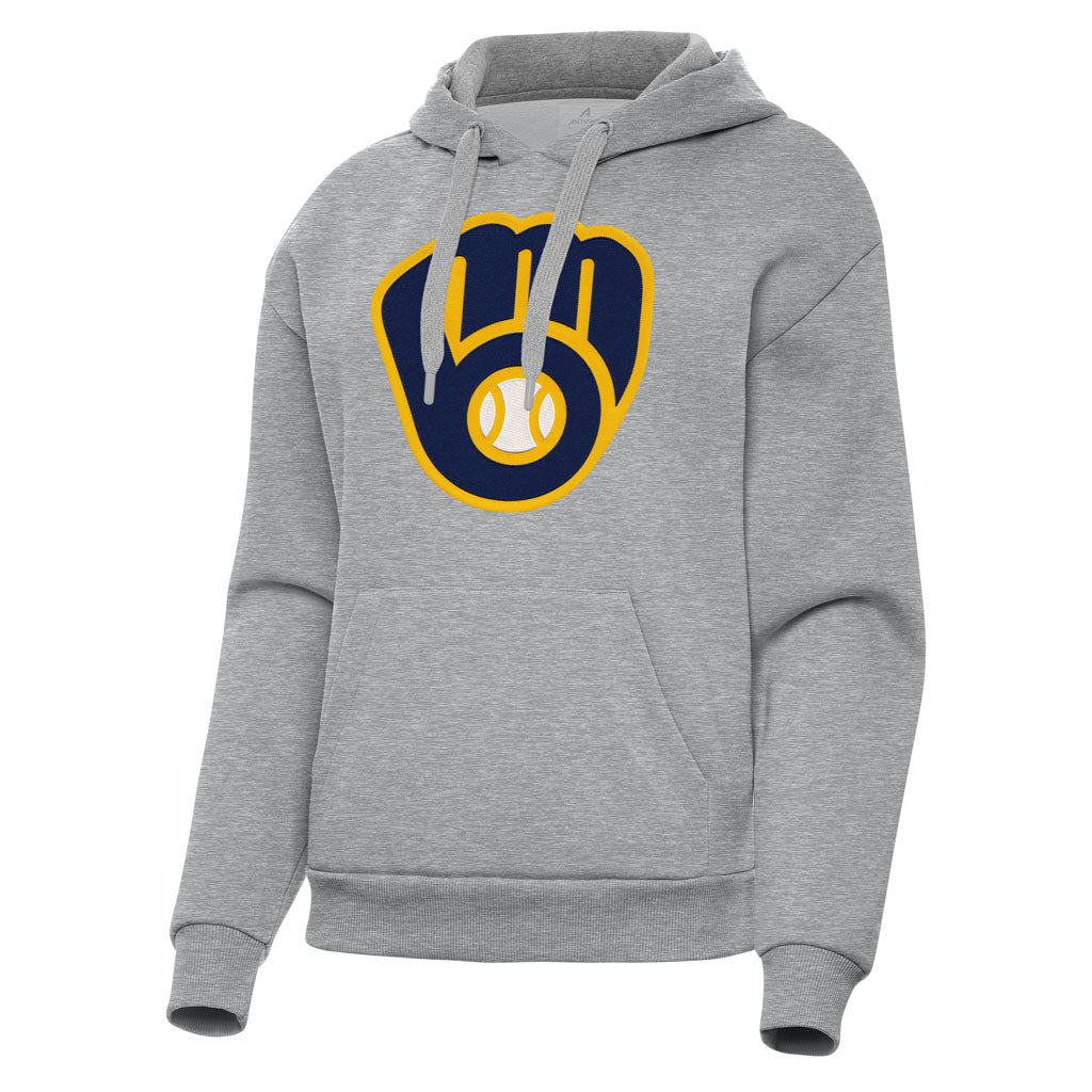 MLB Milwaukee Brewers Women's Antigua Full Front Victory Pullover Hoodie - Heather gray