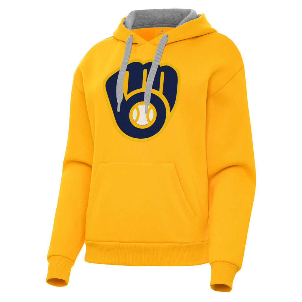 MLB Milwaukee Brewers Women's Antigua Full Front Victory Pullover Hoodie - Gold