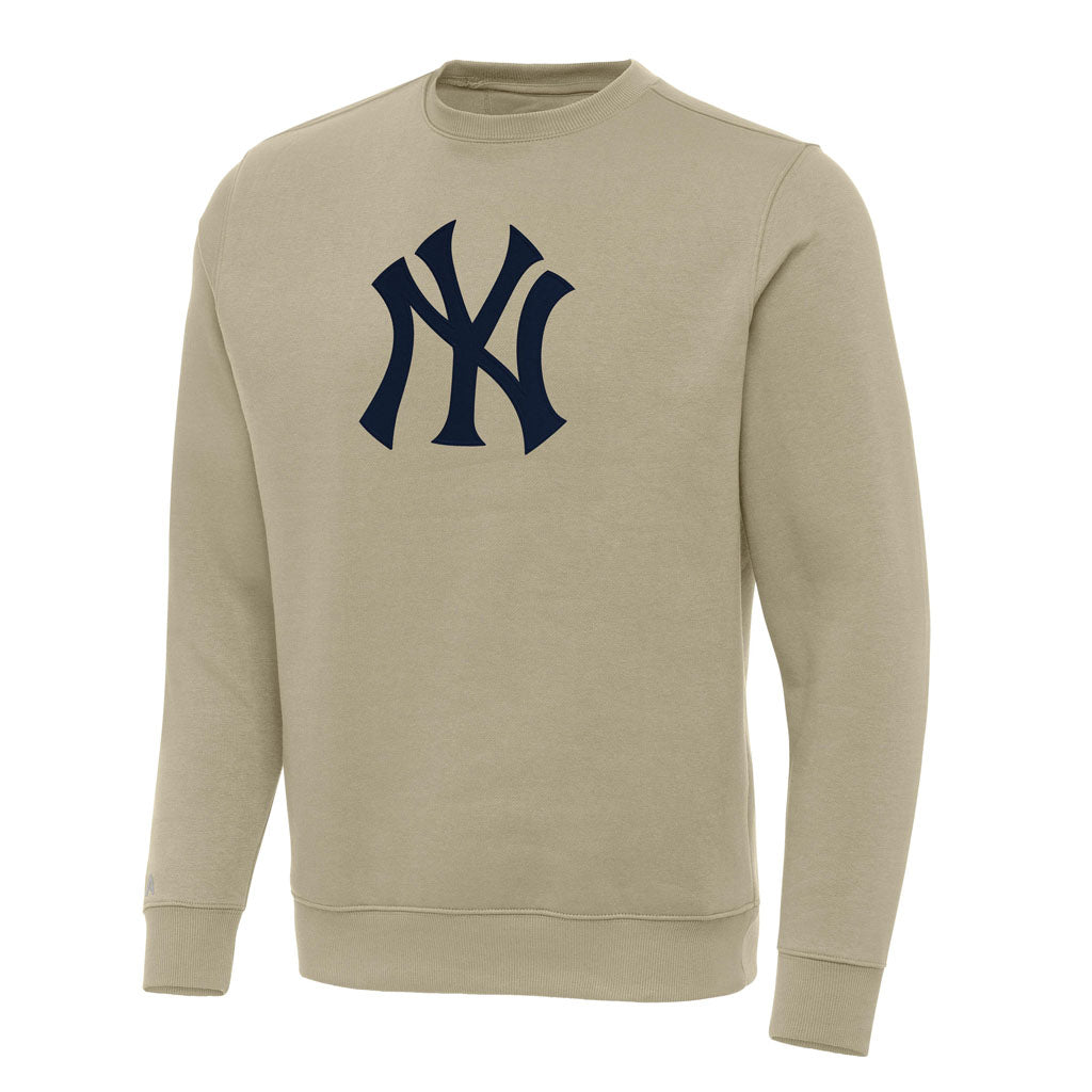 MLB New York Yankees Antigua Full Front Victory Crewneck Sweater - Khaki