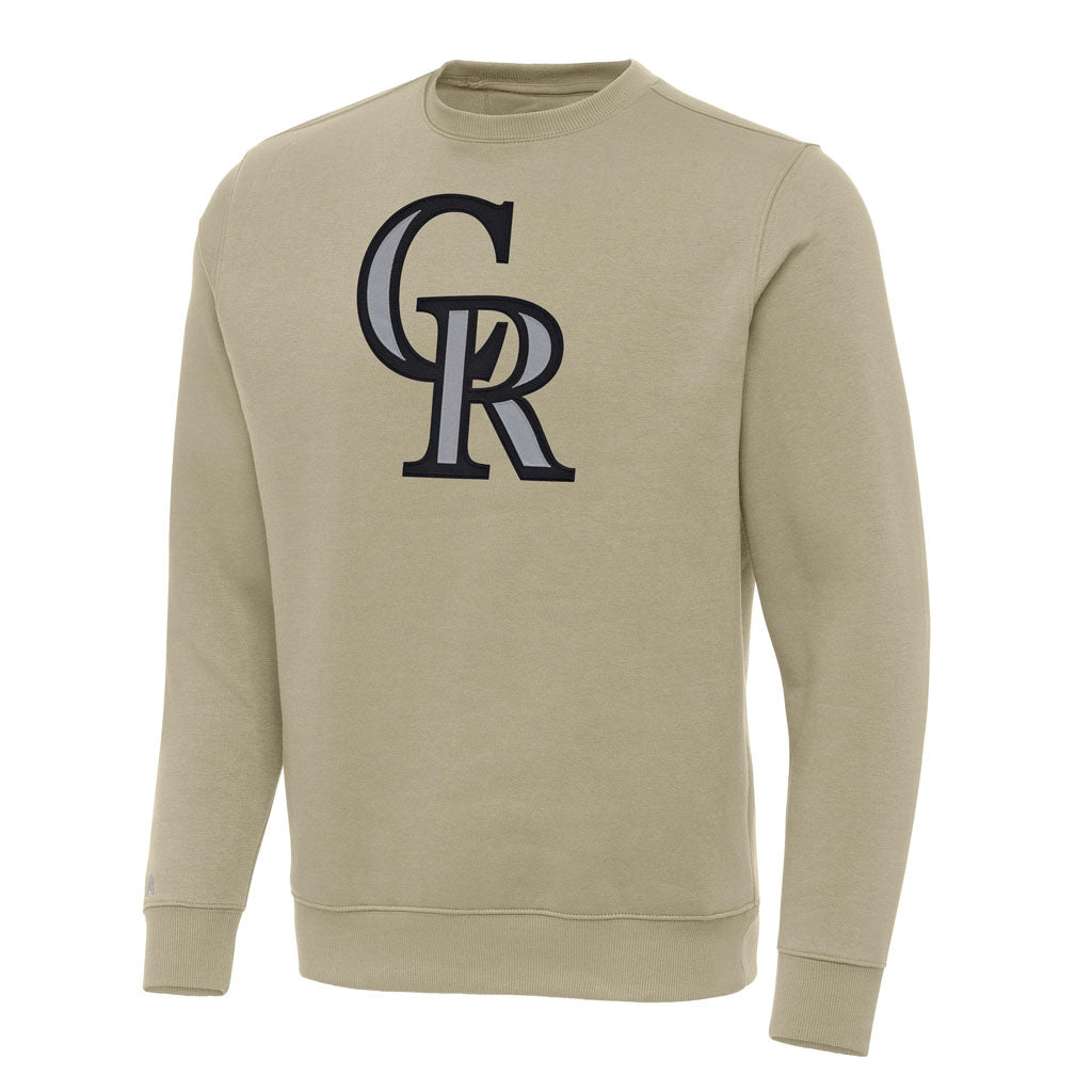 MLB Colorado Rockies Antigua Full Front Victory Crewneck Sweater - Khaki