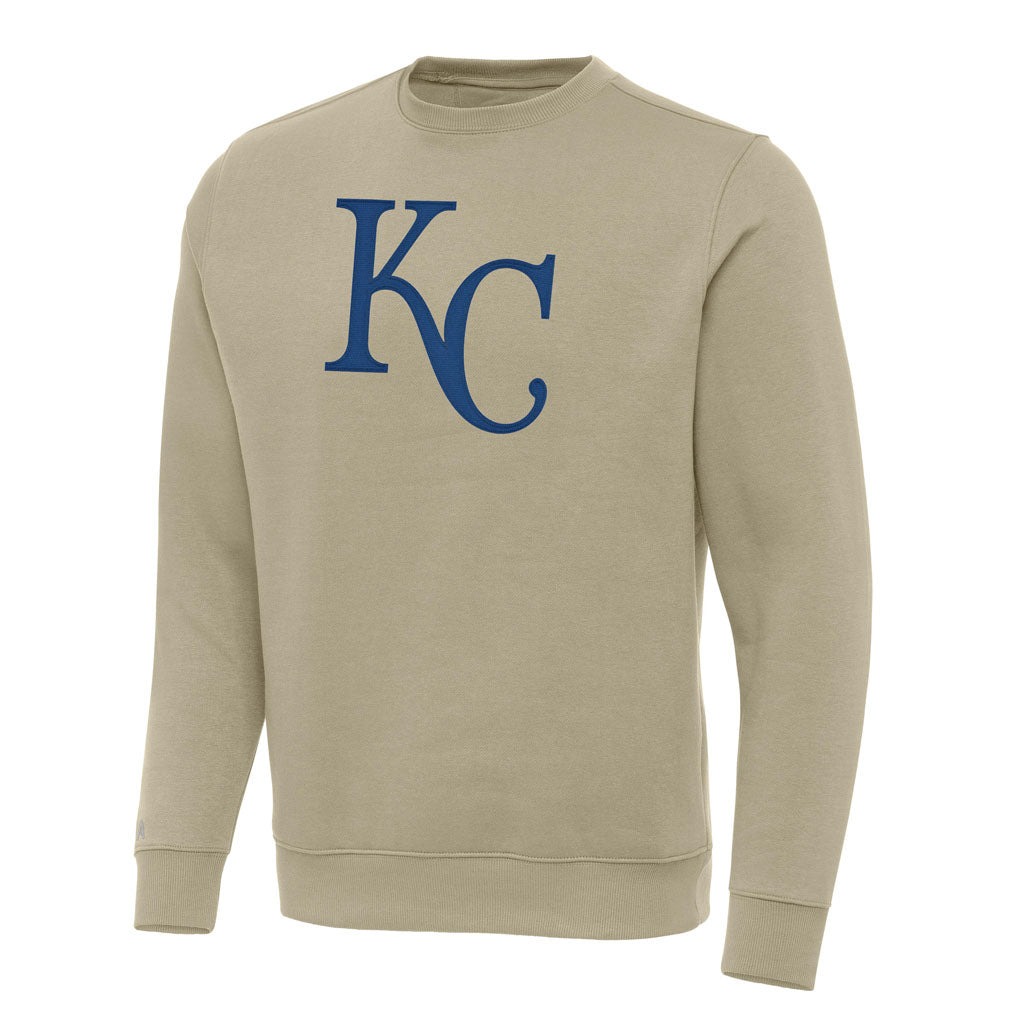 MLB Kansas City Royals Antigua Full Front Victory Crewneck Sweater - Khaki