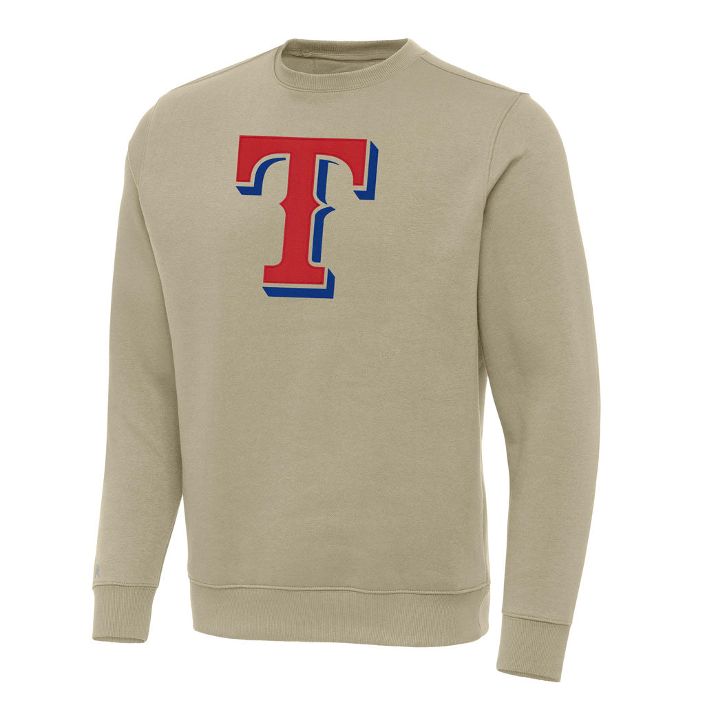 MLB Texas Rangers Antigua Full Front Victory Crewneck Sweater - Khaki