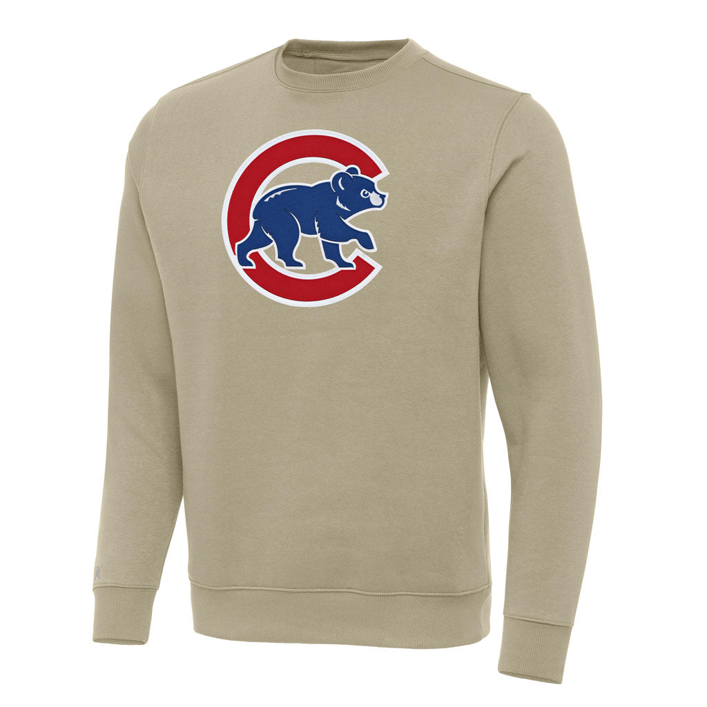 MLB Chicago Cubs Antigua Walking Bear Full Front Victory Crewneck Sweater - Khaki