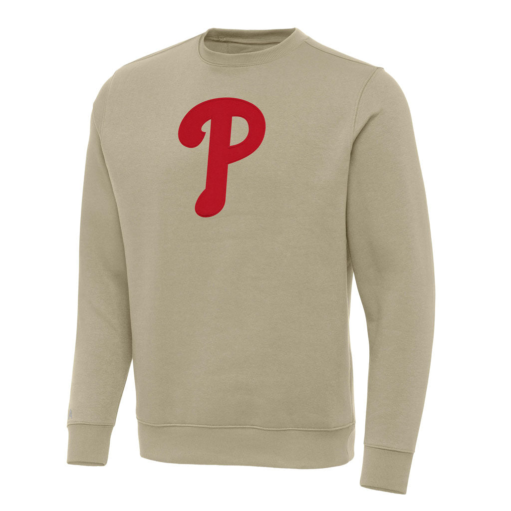 MLB Philadelphia Phillies Antigua Full Front Victory Crewneck Sweater - Khaki