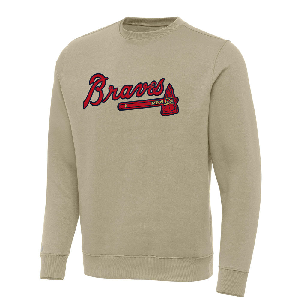 MLB Atlanta Braves Antigua Full Front Victory Crewneck Sweater - Khaki