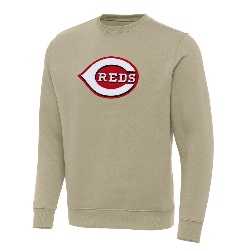 MLB Cincinnati Reds Antigua Full Front Victory Crewneck Sweater - Khaki