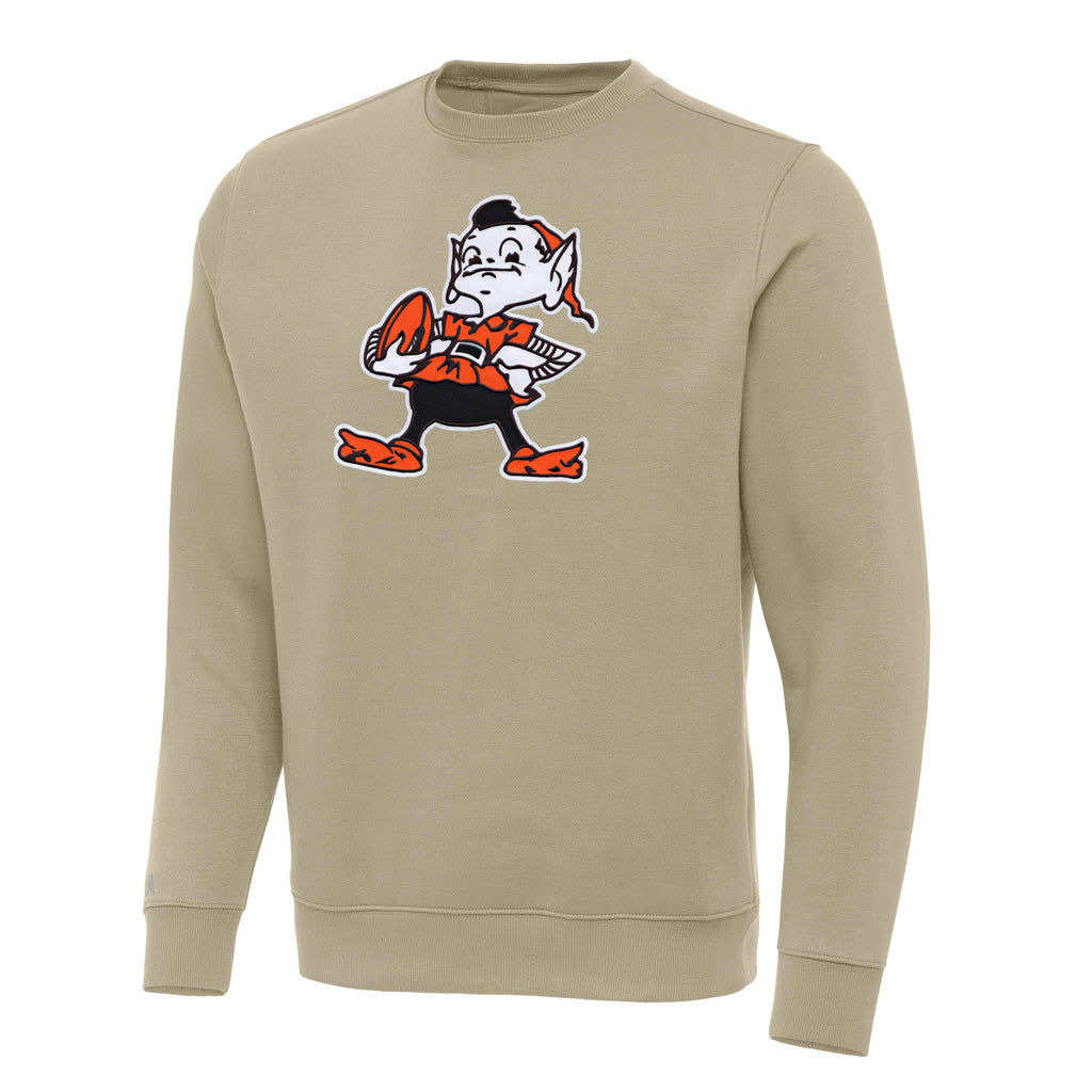 NFL Cleveland Browns Antigua Full Front Throwback Victory Crewneck Sweater - Khaki