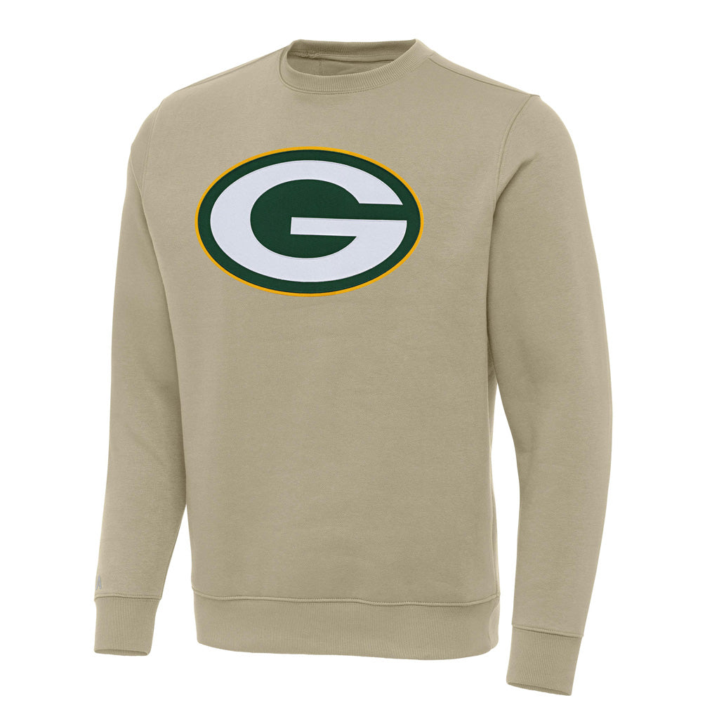 NFL Green Bay Packers Antigua Full Front Victory Crewneck Sweater - Khaki