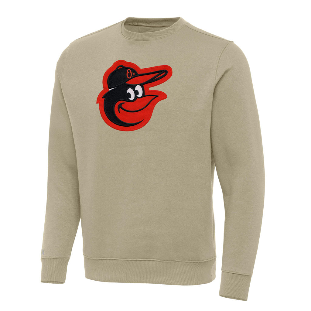 MLB Baltimore Orioles Antigua Full Front Victory Crewneck Sweater - Khaki