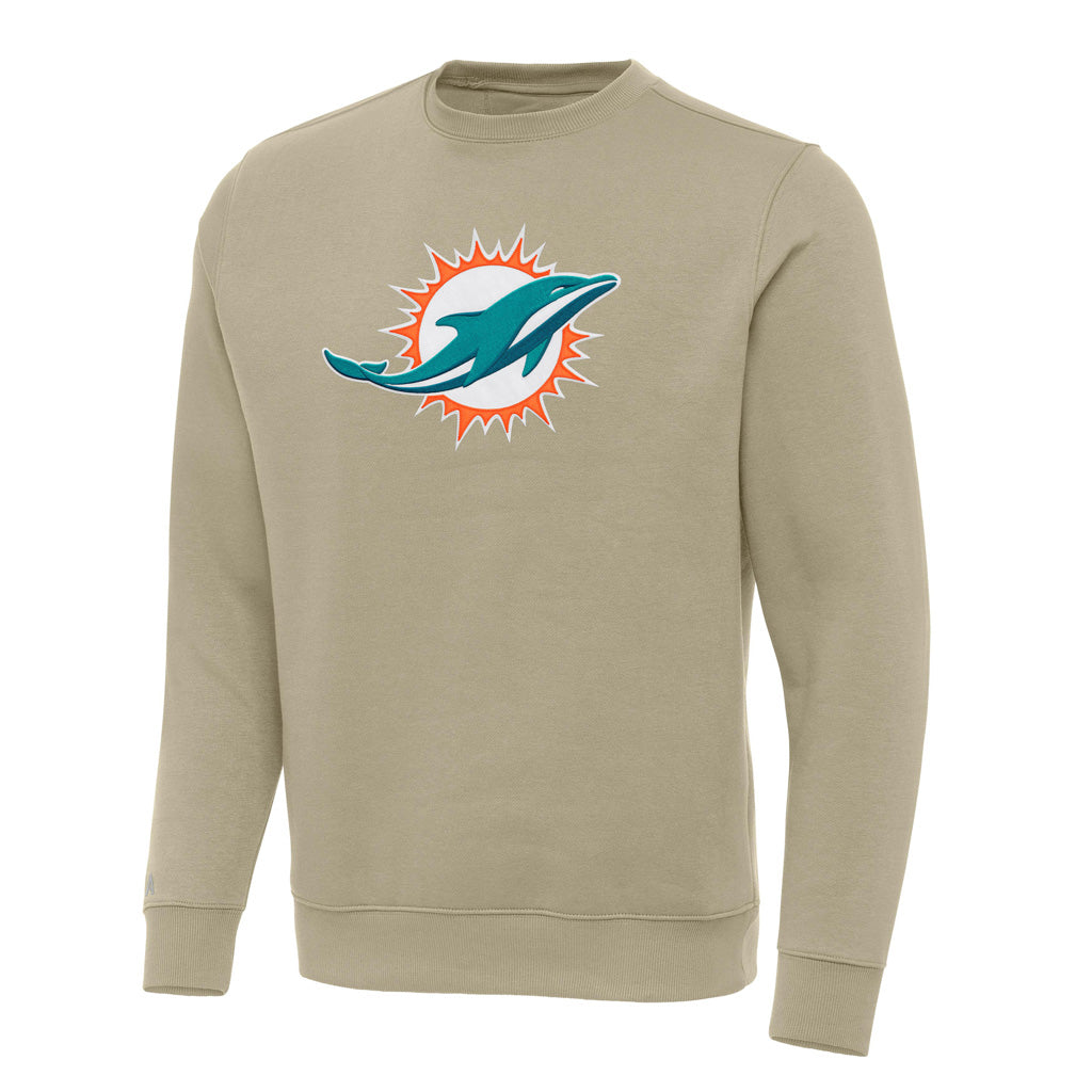 NFL Miami Dolphins Antigua Full Front Victory Crewneck Sweater - Khaki