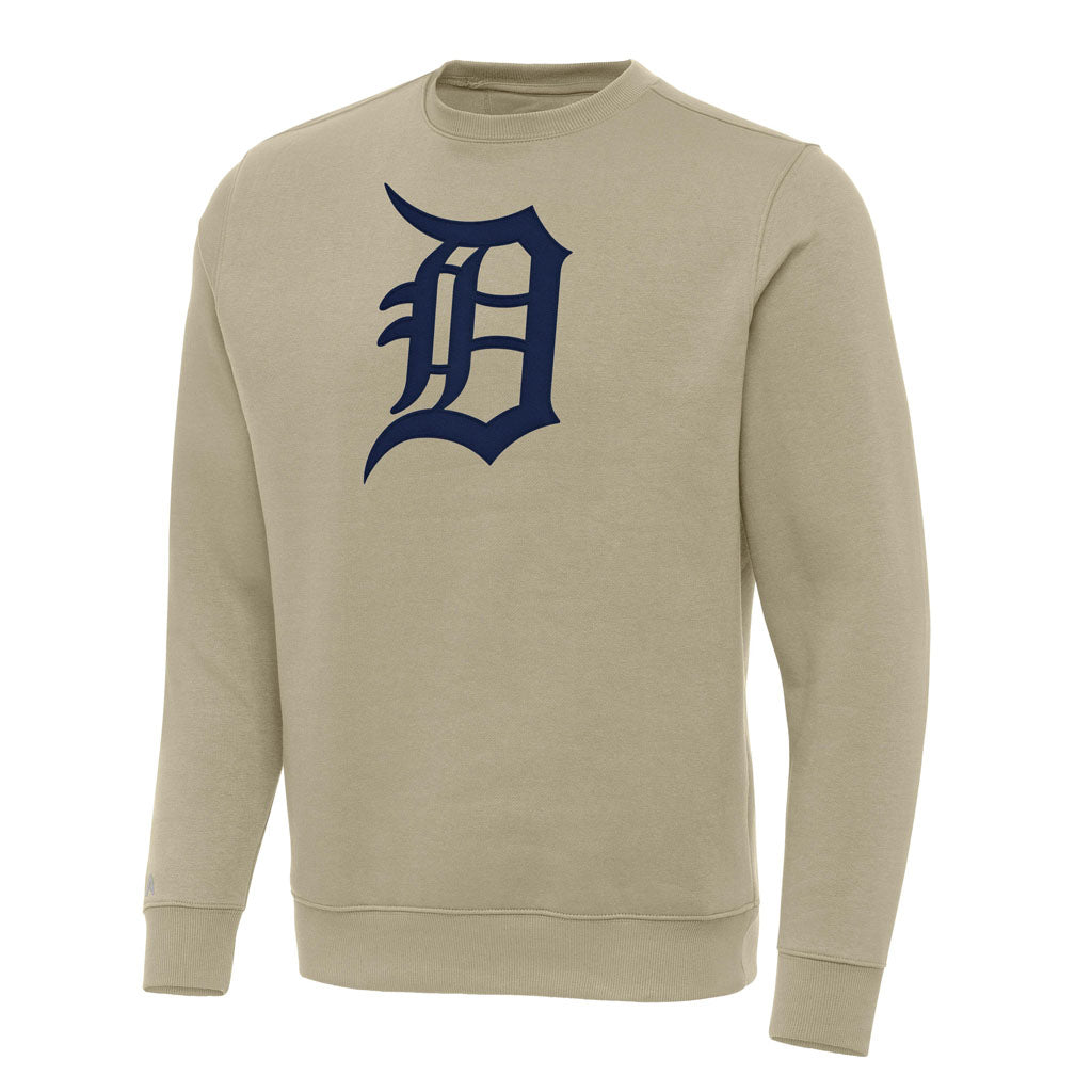 MLB Detroit Tigers Antigua Full Front Victory Crewneck Sweater - Khaki