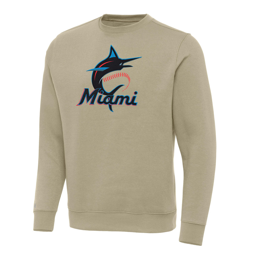 MLB Miami Marlins Antigua Full Front Victory Crewneck Sweater - Khaki