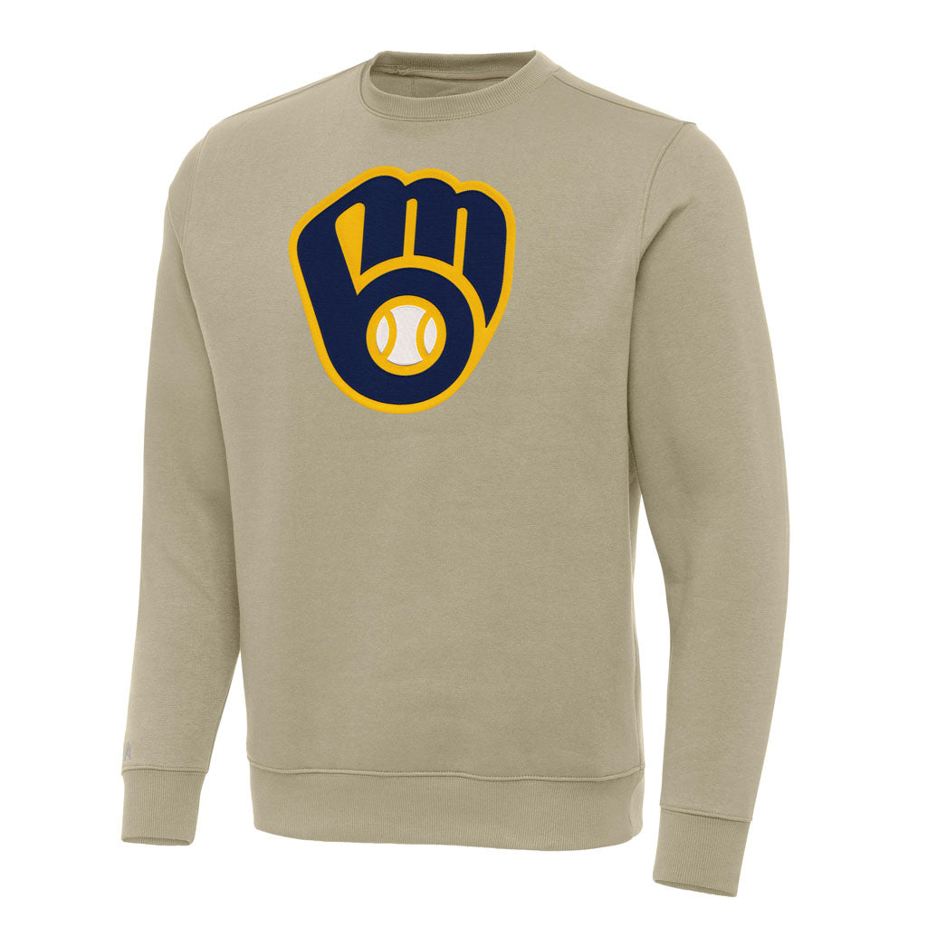 MLB Milwaukee Brewers Antigua Cap Full Front Victory Crewneck Sweater - Khaki