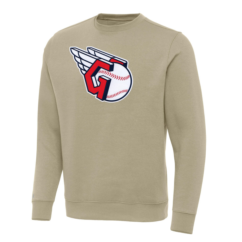 MLB Cleveland Guardians Antigua Full Front Victory Crewneck Sweater - Khaki