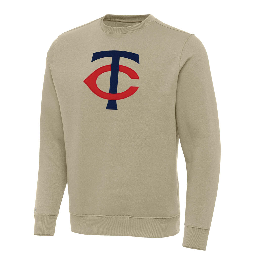 MLB Minnesota Twins Antigua Full Front Victory Crewneck Sweater - Khaki