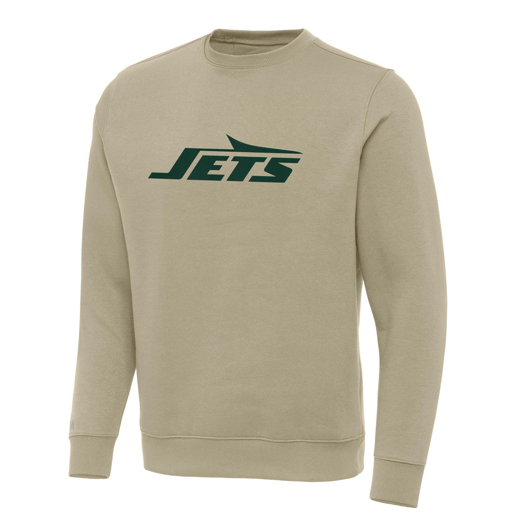 NFL New York Jets Antigua Full Front Victory Crewneck Sweater - Khaki