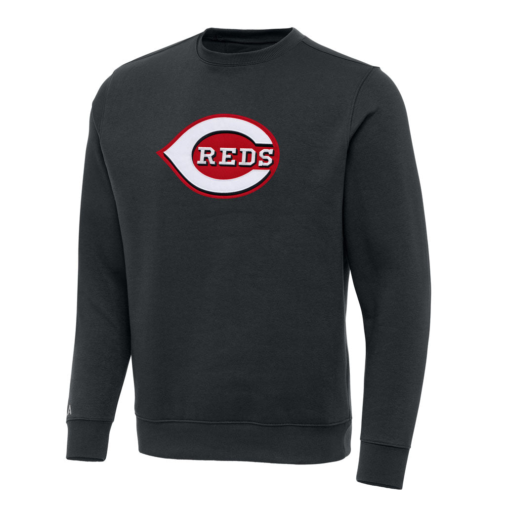 MLB Cincinnati Reds Antigua Full Front Victory Crewneck Sweater - Charcoal