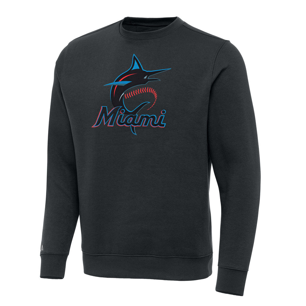 MLB Miami Marlins Antigua Full Front Victory Crewneck Sweater - Charcoal