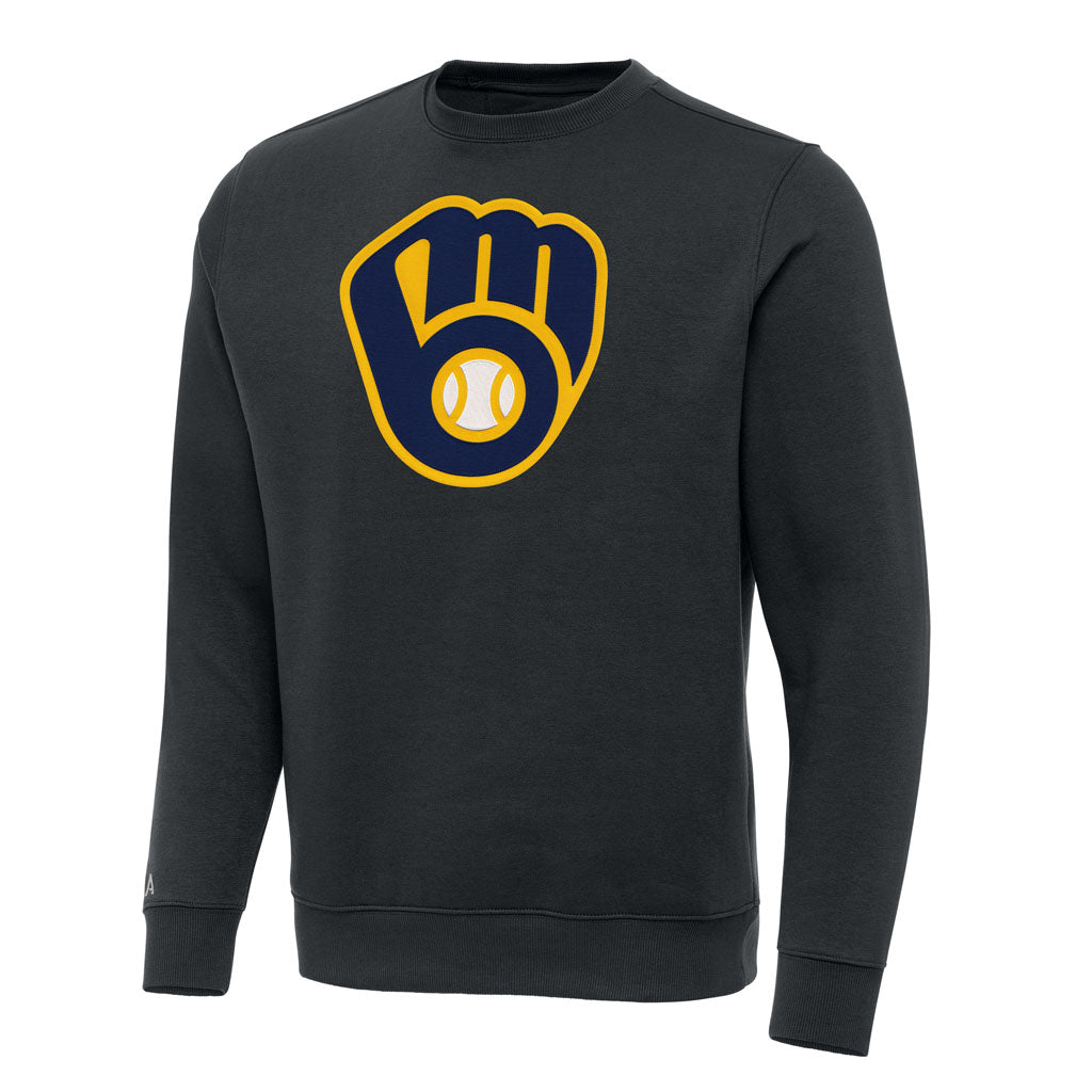 MLB Milwaukee Brewers Antigua Cap Full Front Victory Crewneck Sweater - Charcoal