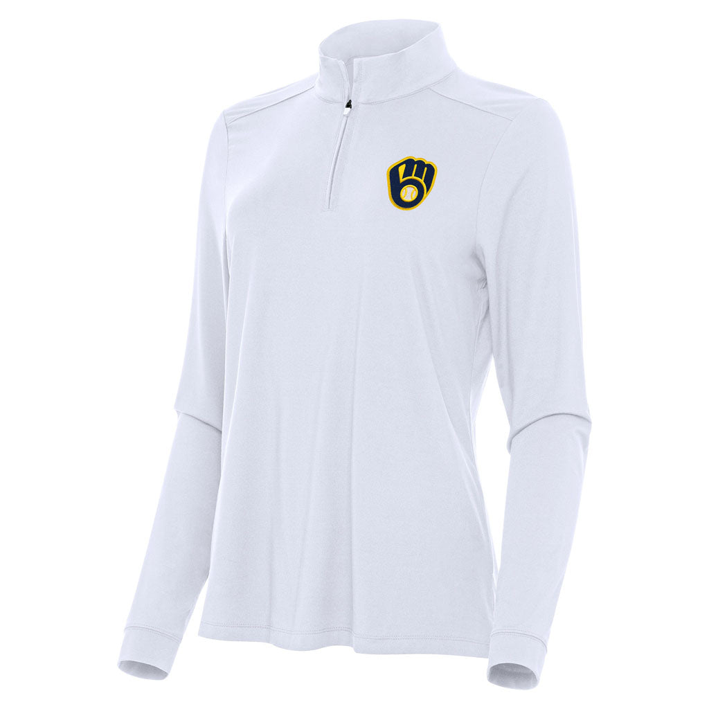 MLB Milwaukee Brewers Women's Antigua Intent 1/4 Zip Pullover Jacket - White