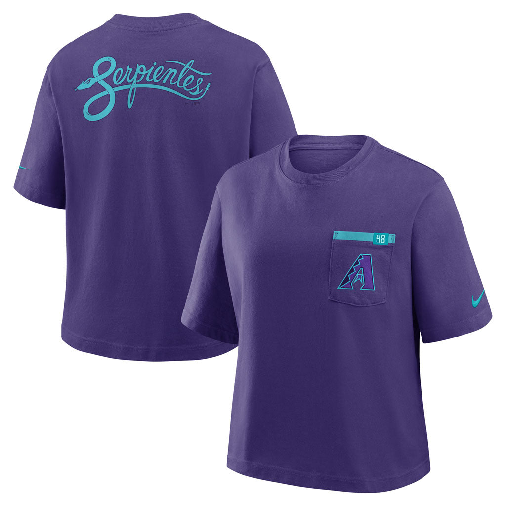 MLB Arizona Diamondbacks Women's Nike City Connect One-Hit Pocket Boxy T-Shirt - Purple
