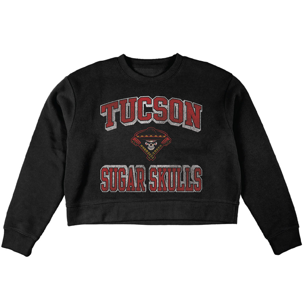 Tucson Sugar Skulls Women's Blue 84 Cheat Sheet Fleece Crop Crewneck - Black