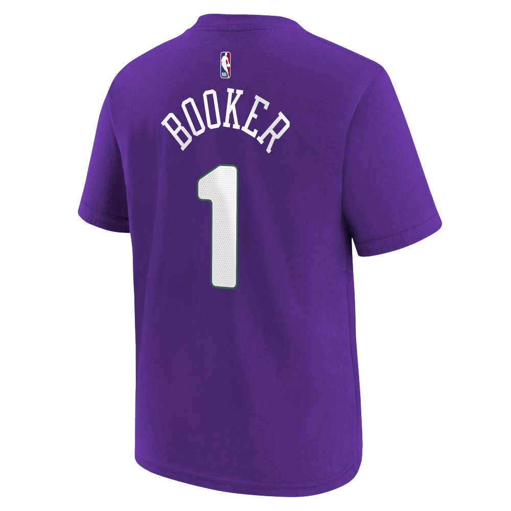 NBA Phoenix Suns Devin Booker Youth Nike City Edition 2024/25 Name & Number T-Shirt - Purple