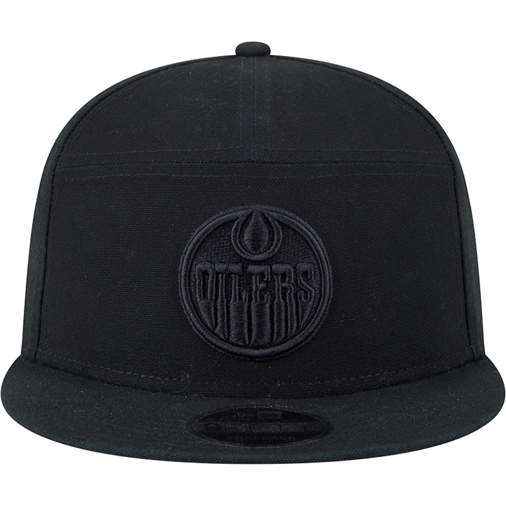 NHL Edmonton Oilers New Era Black on Black Cotton Canvas 9FIFTY Split Panel Snapback Hat - Black
