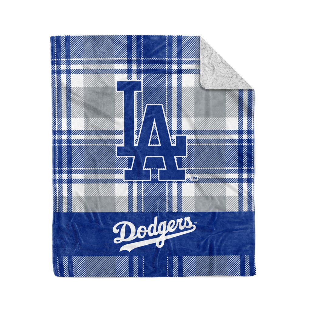 MLB Los Angeles Dodgers Logo Brands 50" x 60" Plaid Sherpa Blanket - Blue/Gray