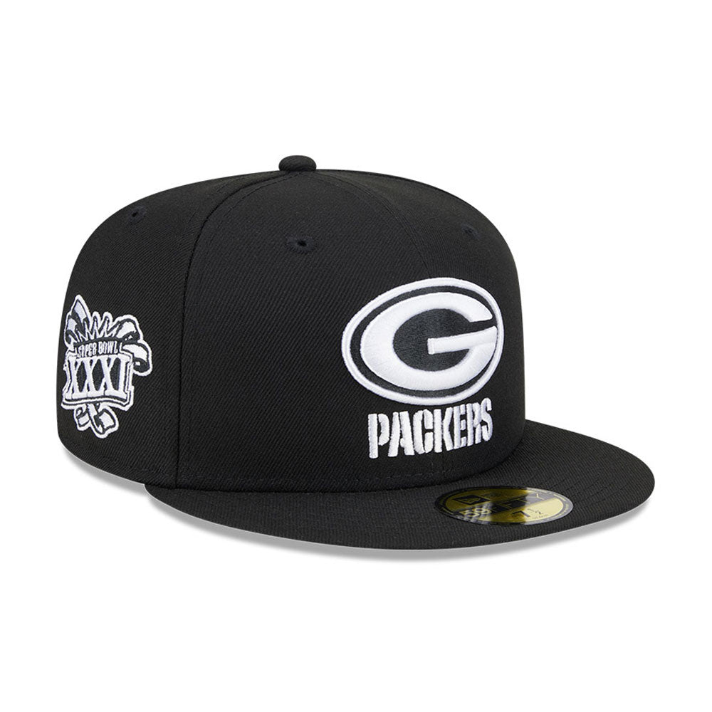 NFL Green Bay Packers New Era Side Patch Black & White 59FIFTY Fitted Hat- Black