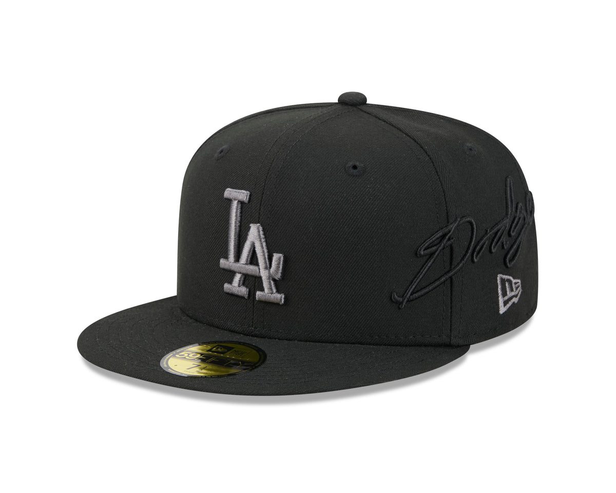 MLB Los Angeles Dodgers New Era Black on Black Side Script 59FIFTY Fitted Hat- Black