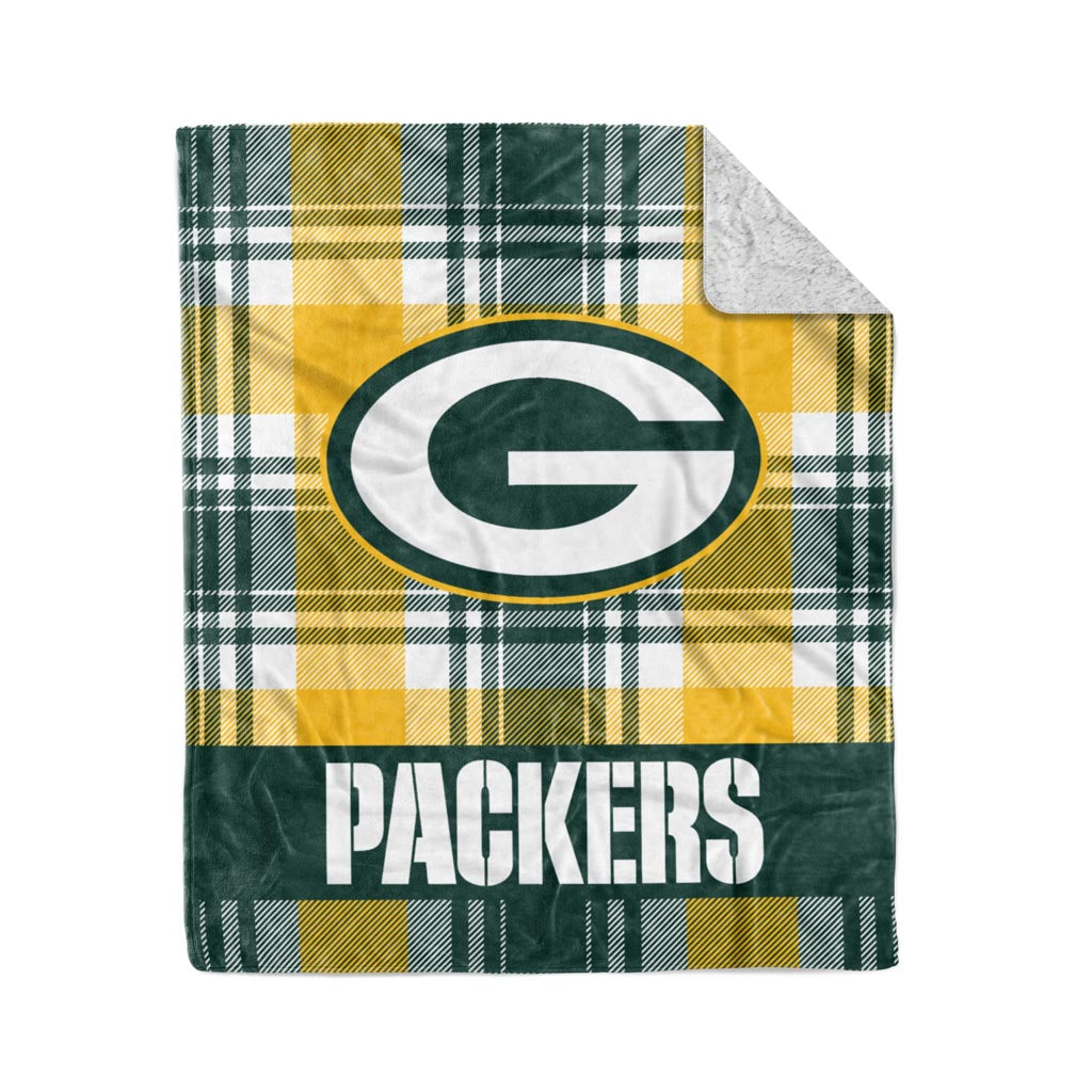 NFL Green Bay Packers Logo Brands 50" x 60" Plaid Sherpa Blanket - Green/Yellow