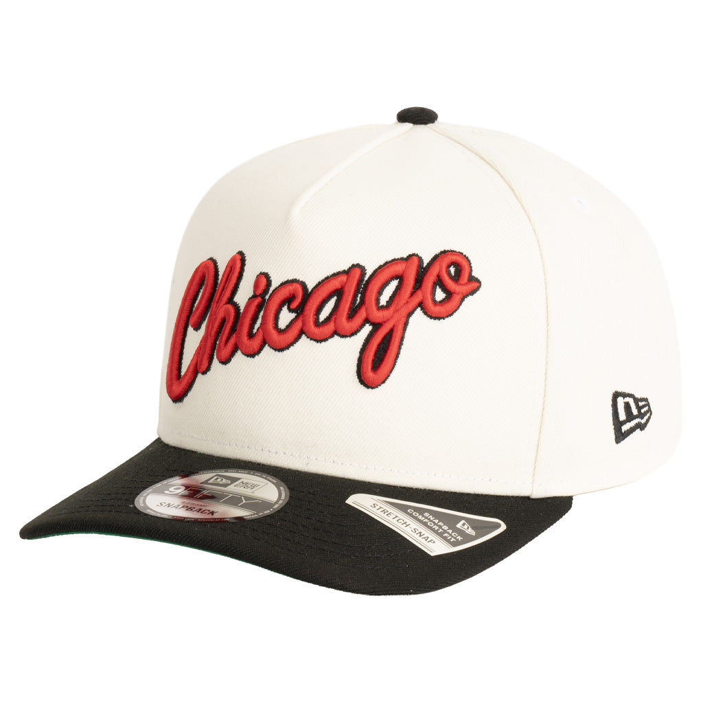 NBA Chicago Bulls New Era Two-Tone Script Throwback Team Color 9FIFTY A-Frame Snapback Hat - Cream