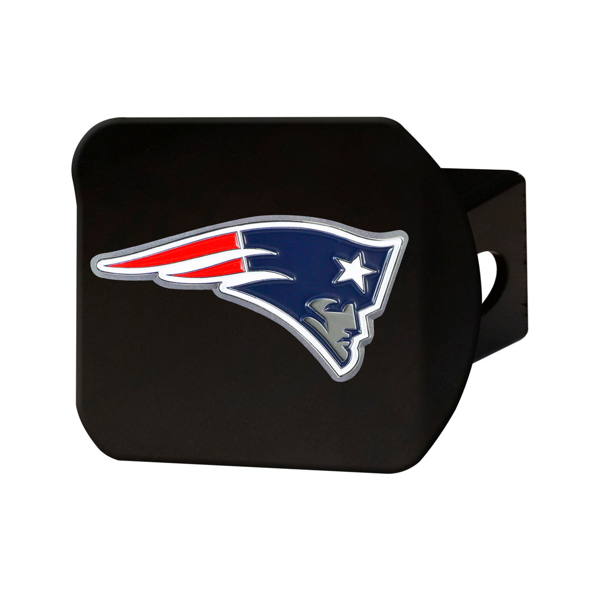 NFL New England Patriots Logo Brands Color on Black Hitch Cover